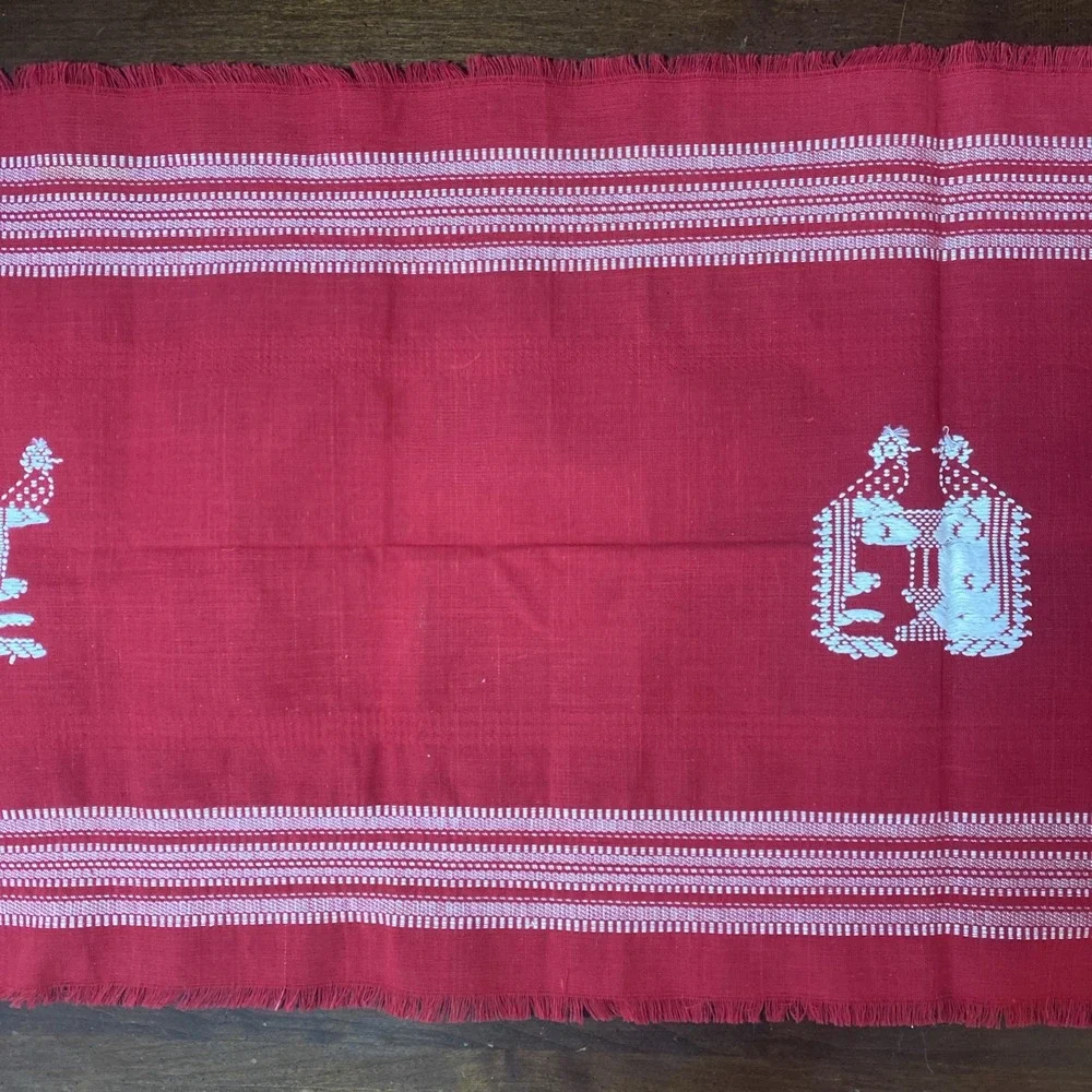 Vintage Woven Red Table Runner White Stripes Peacocks‎ Birds Fringe